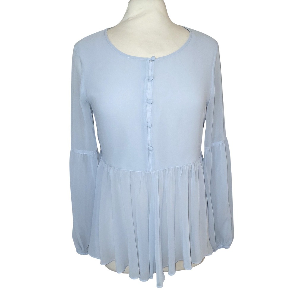 H by Halston Light Blue Chiffon Babydoll Peplum Boho Peasant Fairycore Blouse S